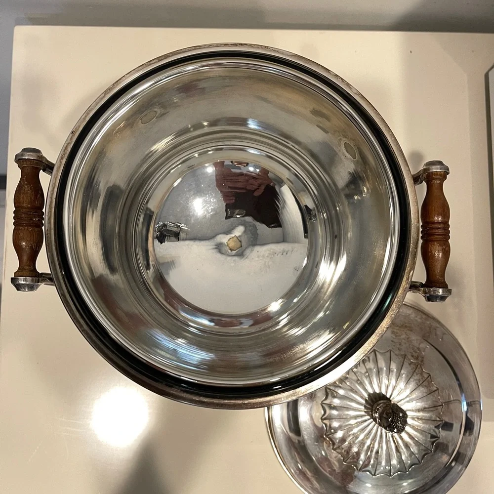 Silver Plated Champagne Cooler with Thermos Brand Glass Insert and lid.